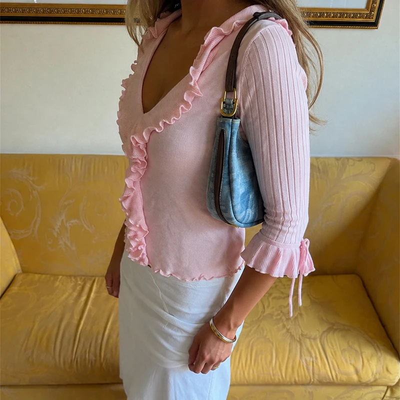 TARUXY Rüschen-Strickpullover für Damen mit Schleife und V-Ausschnitt, einfarbig, schmal geschnitten, für Pendler, Sommer, neu, Party- und Urlaubs-Oberteil – Detail 29