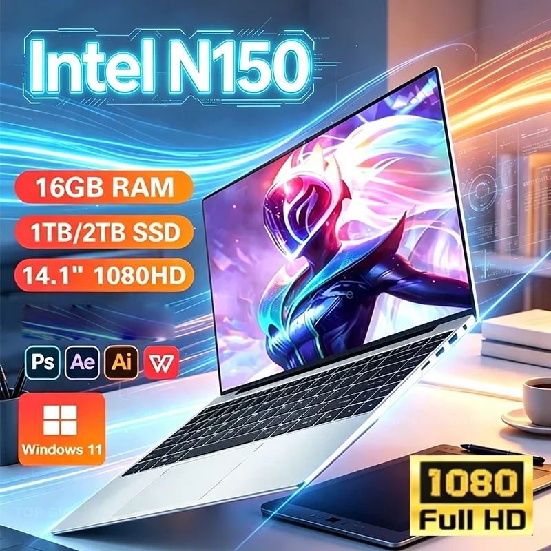 New 14.1' Laptop Intel Core N150 16GB 32GB 2TB Gaming PC Ultra Slim Office Study Computer PC Windows 11 Pro 1920*1080 HD