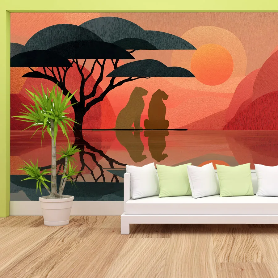 26+ Wallpaper for Living Room, Stylized Sunset Landscape With Lions, Self Adhesive Optional, Contact Panel Baby's Bedroon Mural