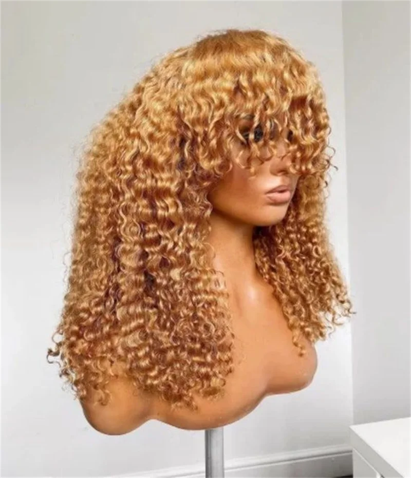 Parrucca bionda 180 densità 26 "lunga senza colla riccia crespa con frangia per donne nere BabyHair attaccatura dei capelli naturale resistente al calore