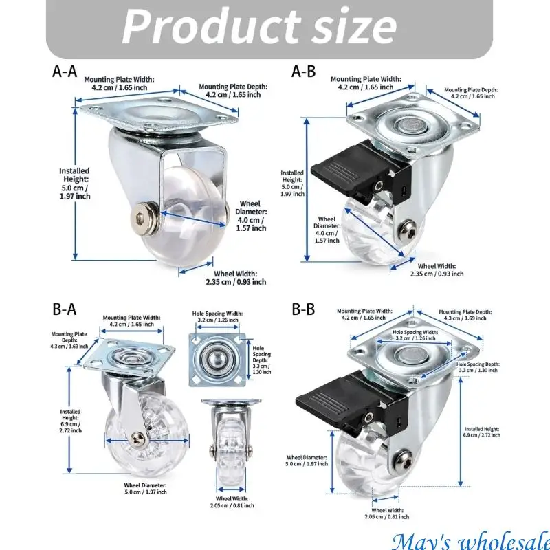 Plate-Mount Furniture Rollers with Clear Polyurethane, 360-Degree Movement, Four-Hole Bases, and 4 Units per Set 448A