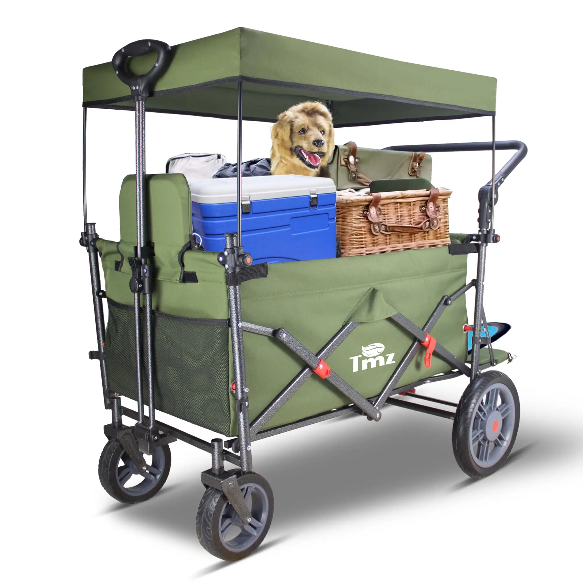 Collapsible Wagon with 2 Foldable Seats, Folding Cart with Removable Canopy, Heavy Duty Wagon 265LBS Load Capacity for