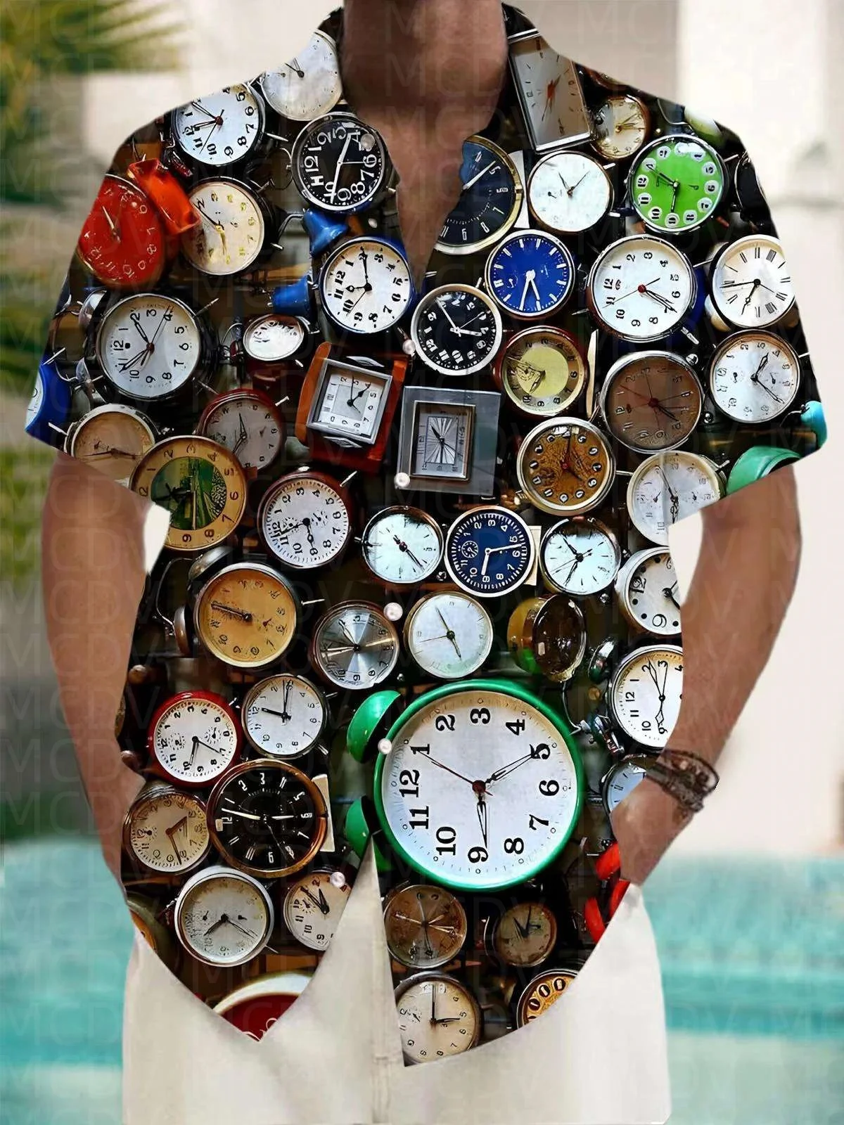 Clock Pattern Men's Hawaiian Shirt Stretch Easy Care Camp Shirt Big Tall