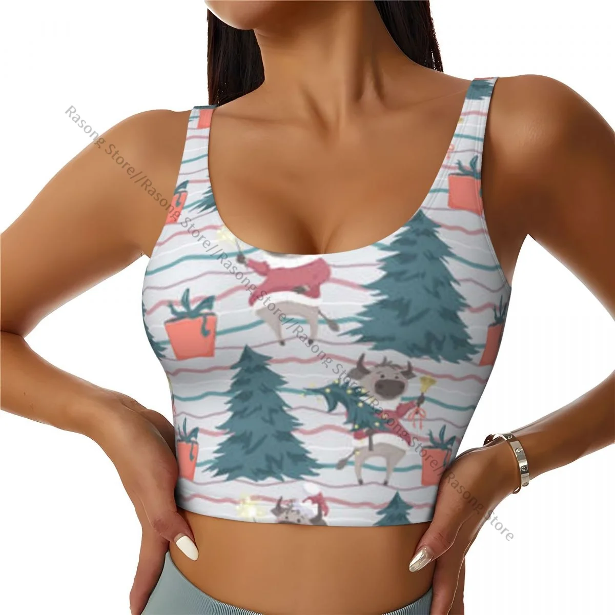 Yoga Vest Women Gym Sports Crop Tops Coloful Stripes Christmas Tree Cartoon Bulls Streetwear Workout Breathable Tank Top Female