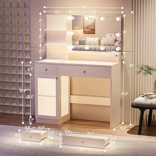 Vanity Desk with Large Mirror and Lights, Glass Top Makeup Vanity Set with Power Outlet, Drawers and Cabinet, 3