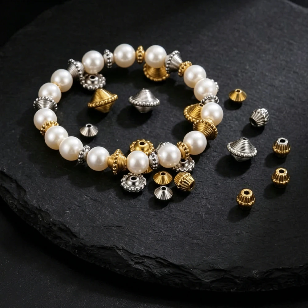 5 Stück Edelstahl-Abstandshalterperlen im Retro-Stil mit Textur und Doppelkegel für DIY-Halsketten, Armbänder, Schmuckherstellung, Zubehör – Detail 1
