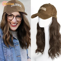 MEIFAN Synthetic Long Fluffy Natural Wave Wavy Curly Hair Wigs with Baseball Cap Naturally Connect  Adjustable Hat Wig for Women