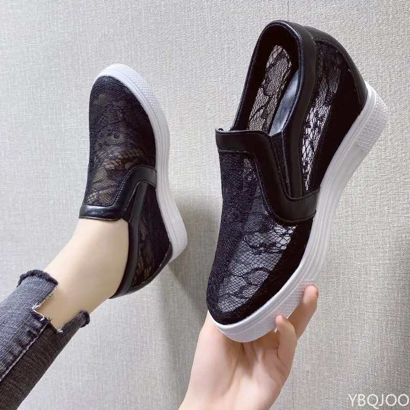 الصيف حذاء أبيض تنفس مع زيادة الارتفاع شبكة عارضة عالية الكعب باطن سميكة الكعوب المنحدرة كسول المرأة حذا فردي للسيدات #2