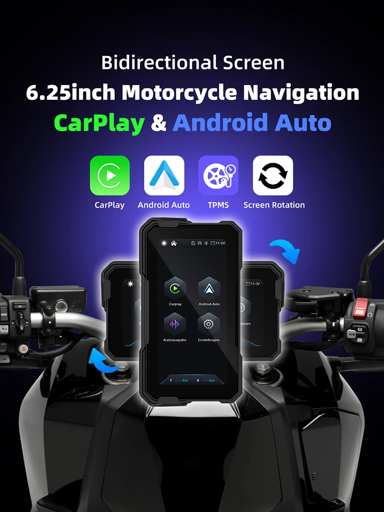 EKIY 6,25 Zoll Kabelloses CarPlay Moto Android Auto Tragbares Digitales Motorrad-Dashboard GPS-Navigation Abnehmbarer Bildschirm