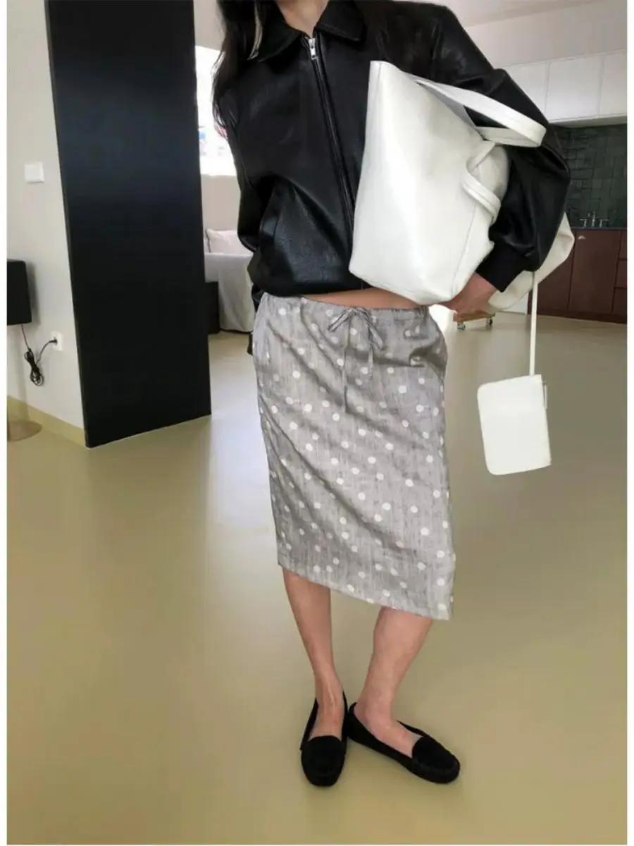 Retro Polka Dot Drawstring Straight Tube Midi Skirt Women's Wrap around Skirt Casual PVC Fabric mid Year Autumn Fashion