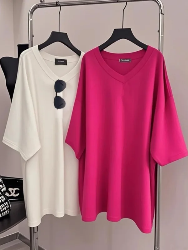 

Summer Casual V-Ne Loose ort Sve T-irt Women's Oversize Botl Lazy Sle Commute Color Top Korean Version