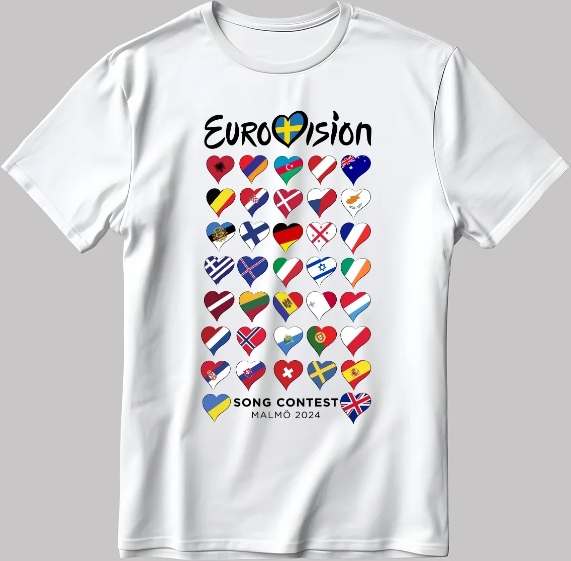 All Flag Eurovision Song Contest MALMÖ 2024 White-Black Men / Women T Shirt TB High Quality O-Neck Short Sleeves