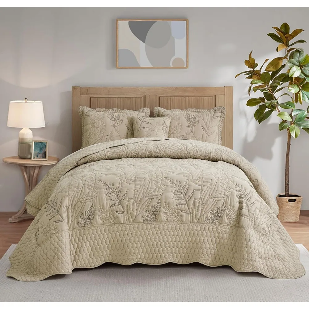

Oversized Bedspread King Size - Leaves Pattern Stitching Quilt Set - Elegant & Fresh Style Bedding Coverlets, Reversible