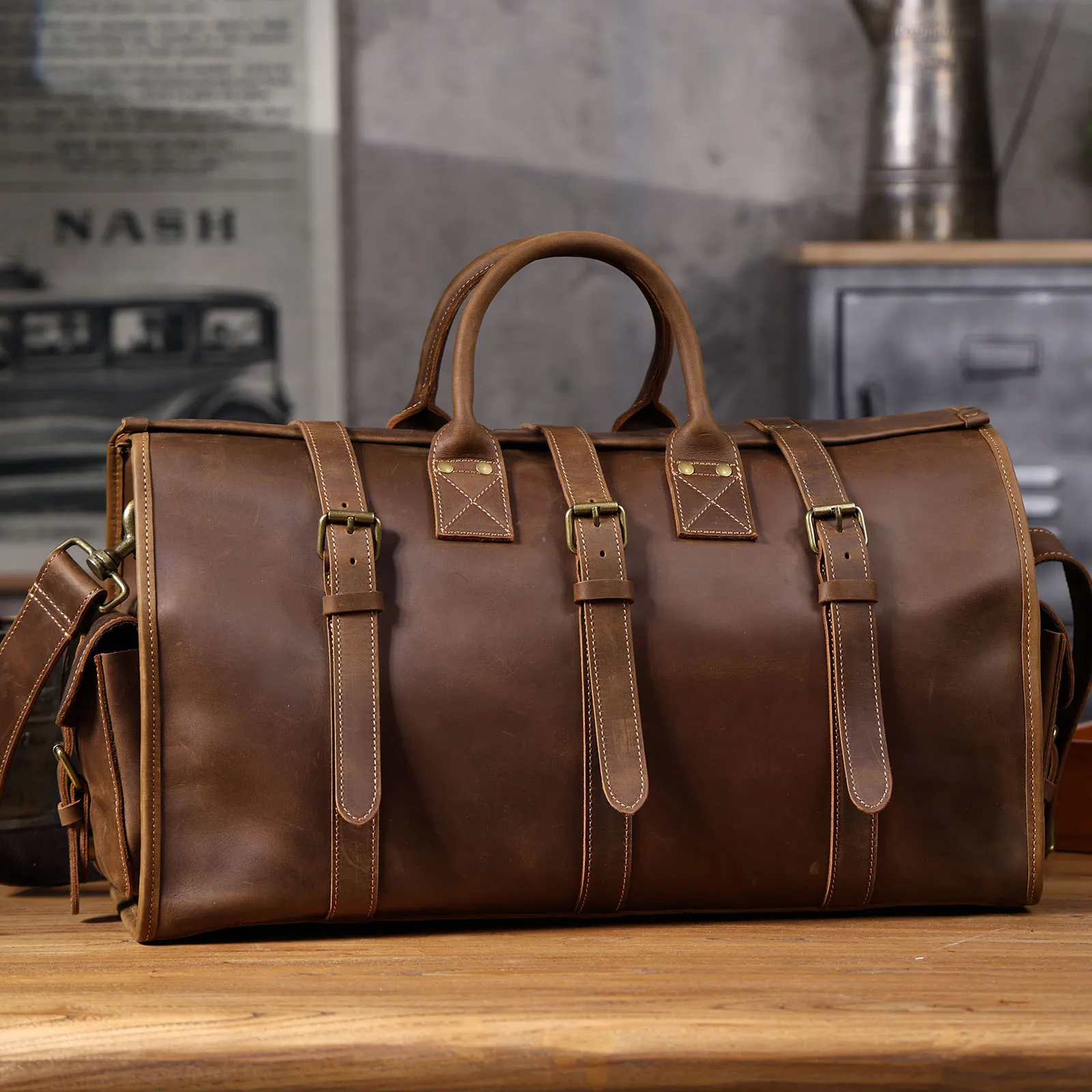 Vintage Echtleder-Reisetasche für Herren, Große Kapazität, Leder-Sporttasche, Klassischer Stil, Wochenendtasche, Übernachtungstasche – Detail 20