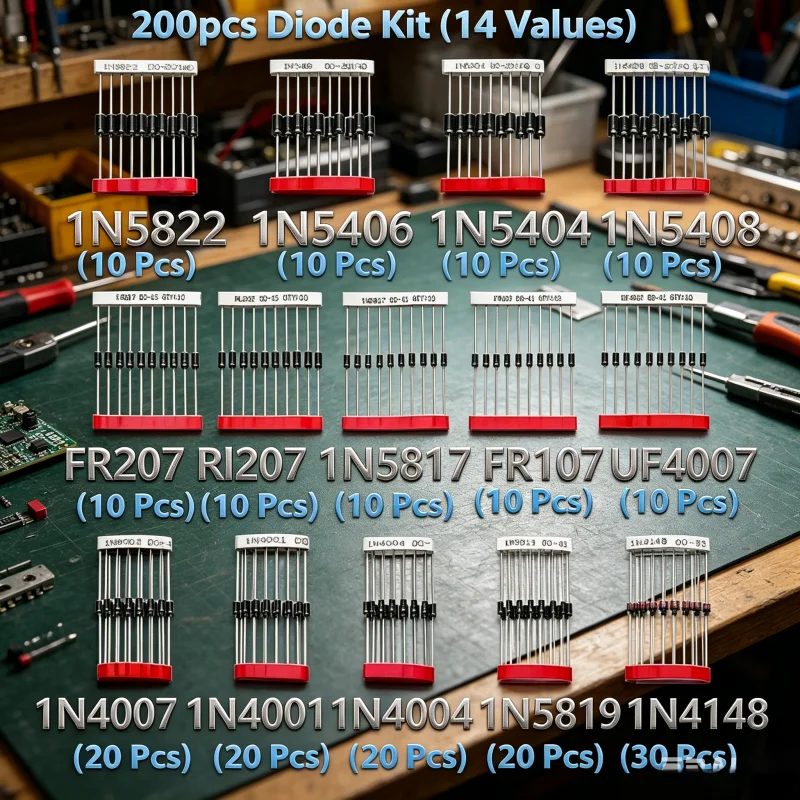200Pcs 14 Types Fast Switching Schottky Rectifier Diode Assortment Kit, 1N4001 1N4007 1N5819 Electronic Diodes Set for Circuit R
