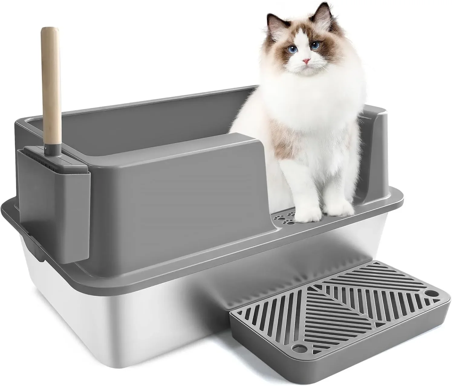 OEM/ODM Large Capacity Easy Clean Stainless Steel Cat Litter Box with High Lid and Foot-Board Scoop for Cats