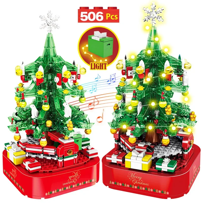 

City Christmas Tree Rotating Music Box Building Blocks Friends Santa Claus LED Light Shining Xmas Bricks Toys For Children Girls