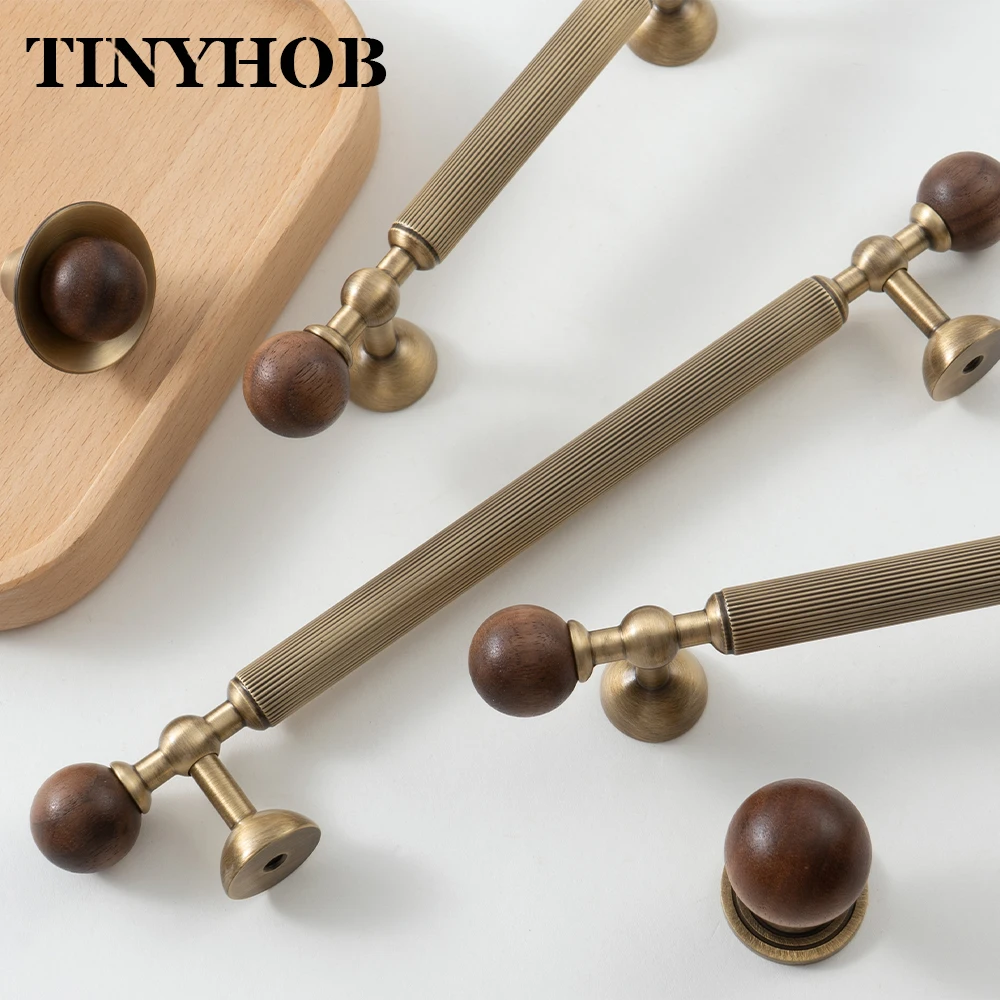 Vintage Walnut Wood + Brass Handles with Vertical Stripes Ball End Knobs Antique Bronze Furniture Pulls for Cabinets Drawers