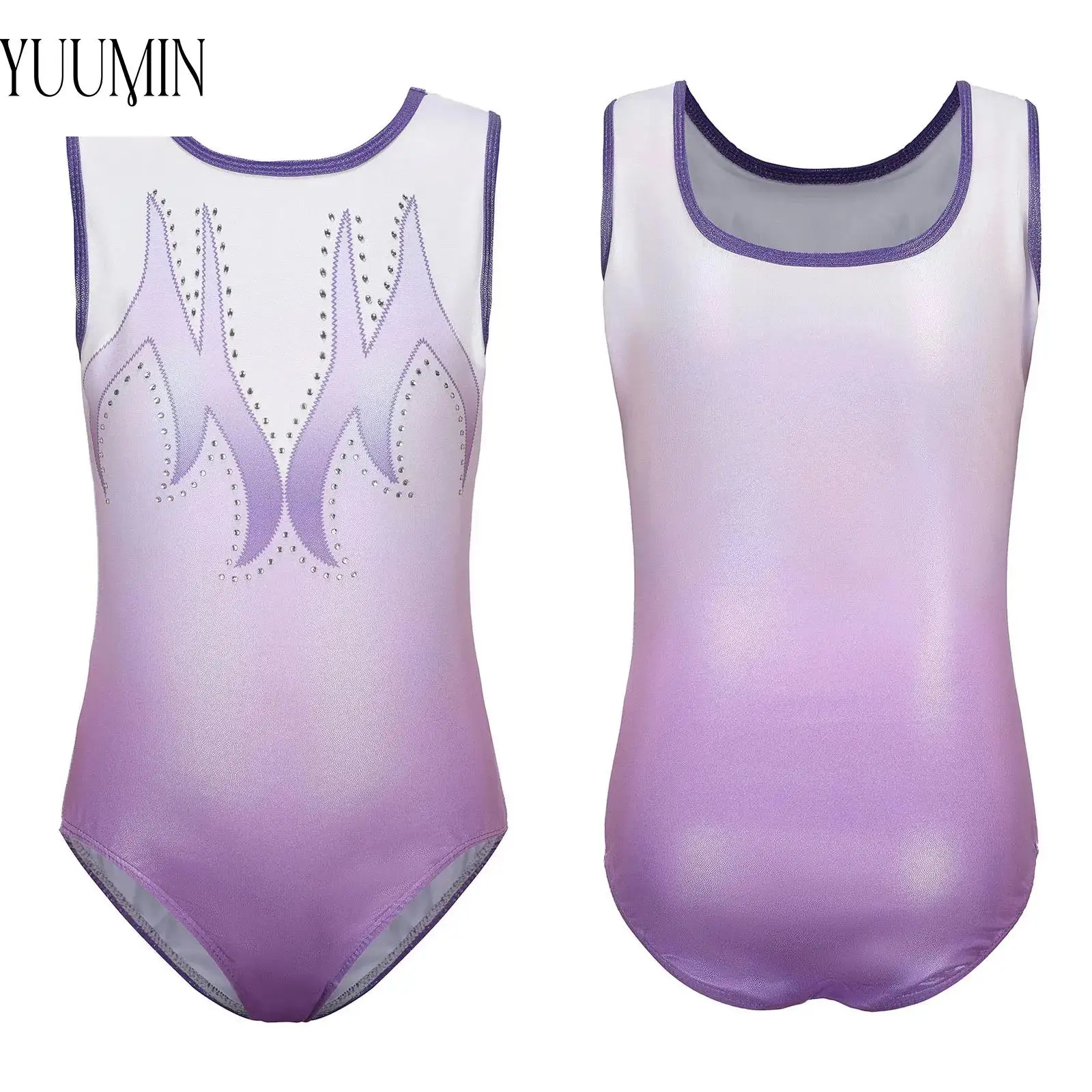 

5-12Y Kids Girls Gymnastics Ballet Dance Unitard Leotard Purple Sleeveless Metallic Bodysuit for Performance Competition Costume