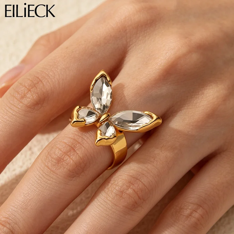 EILIECK Minimalistischer Klassischer 18K Vergoldeter Schmetterling-Zirkon-Ring, Verstellbar, Hypoallergener Edelstahlschmuck, Geschenk