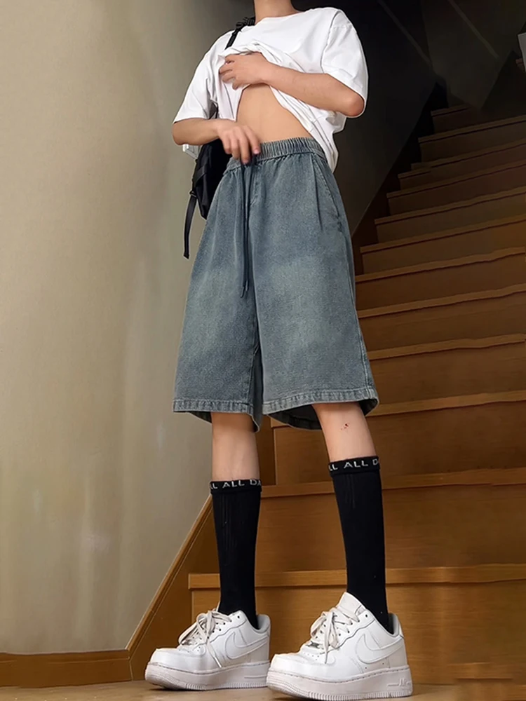 

Summer Youth Trendy High Waist Jeans orts Men's Loose Straight Knee-Length Four-Five Split Pants Cotton Polyester Blend