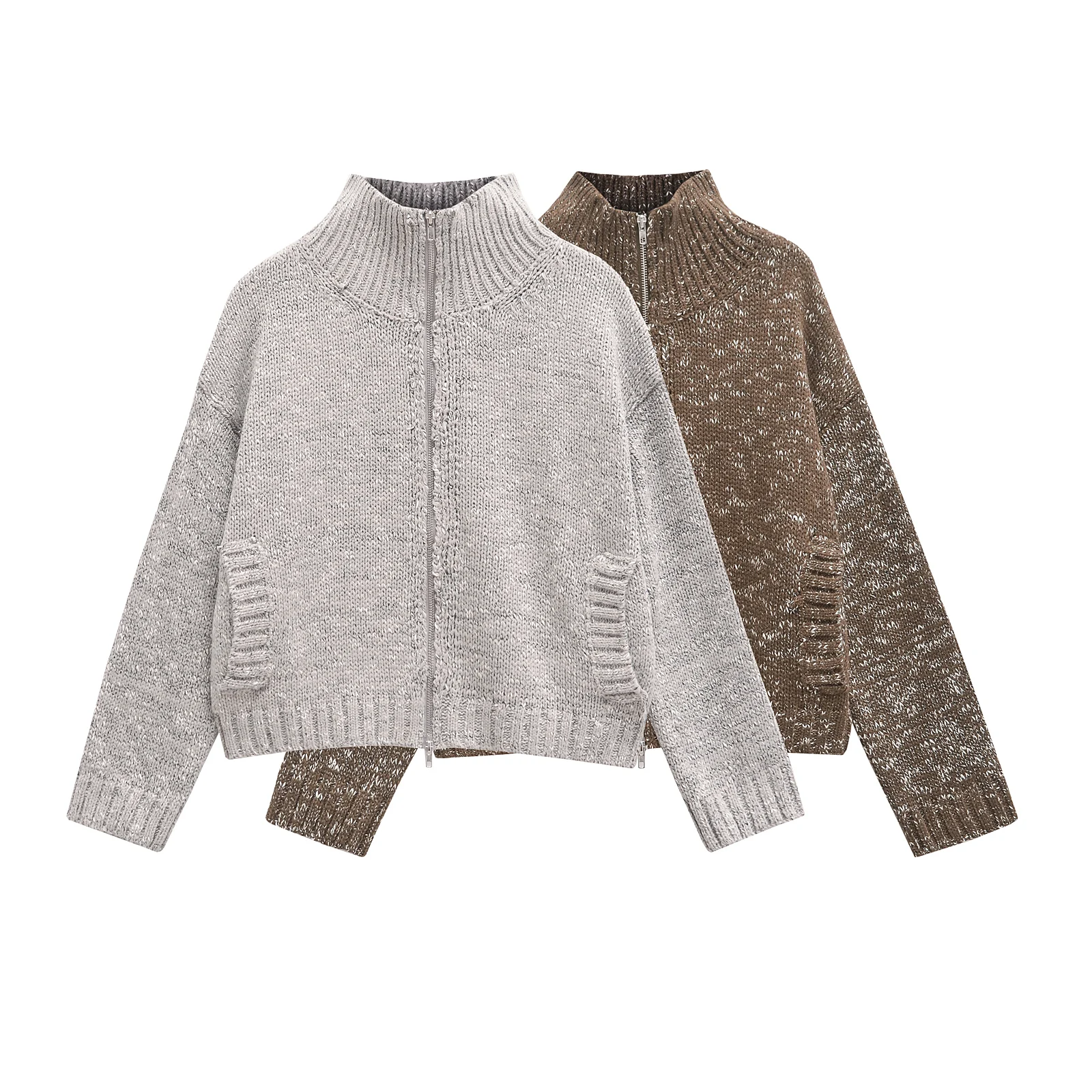 

JNLEAOG New Women's Faion Casual Sle Zipper Texture Open Cardigan Polyester Fiber Long Sve High Collar Regular Length