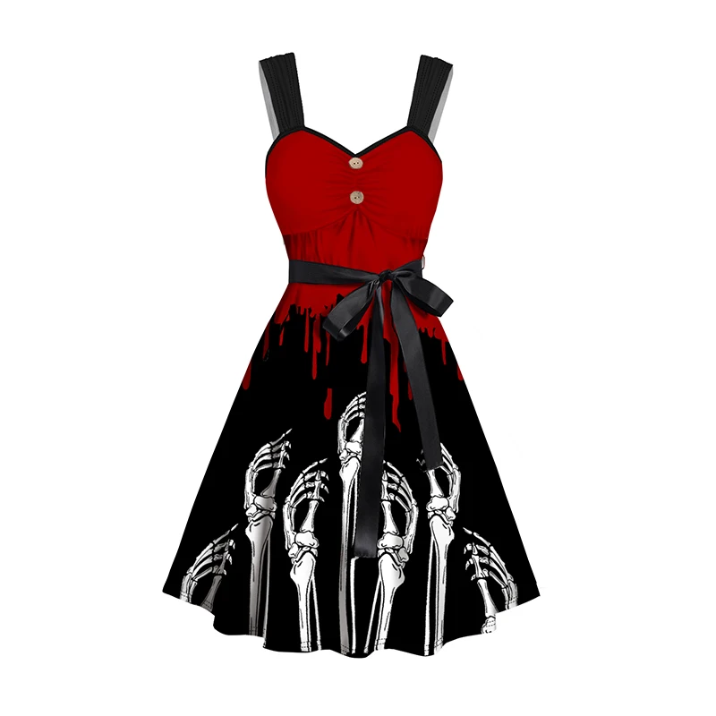 

Dressfo 2024 Womens Halloween Belted Mini Dress Blood Skeleton Hand Print Mock Button Ruched Dress Halloween Costumes