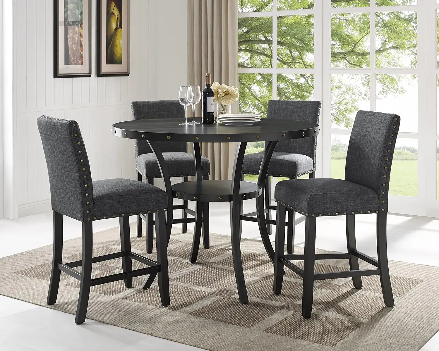 Collection Biony Espresso Wood Counter Height Dining Set with Gray Fabric Nailhead Stools