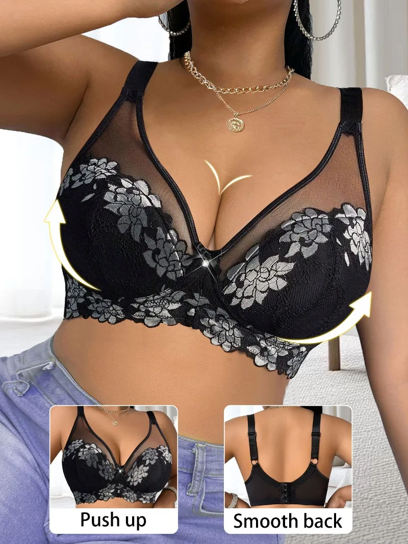 Plus Size Lace Underwear Set with Underwire, Adjustable Straps Bra & Panty Set for Women, 85C-110F (38C-44F)