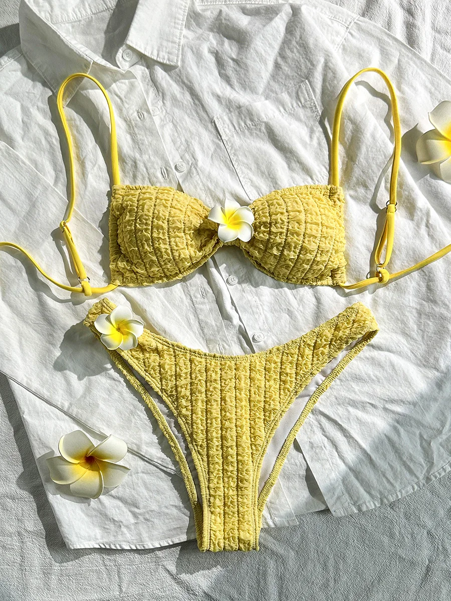 3D Flower Wrinkled Crinkled Bikini 2026 Women Bikinis Female Brazilian Swimwear Two pieces Swimsuit Bikini Set Bathing Suit Swim