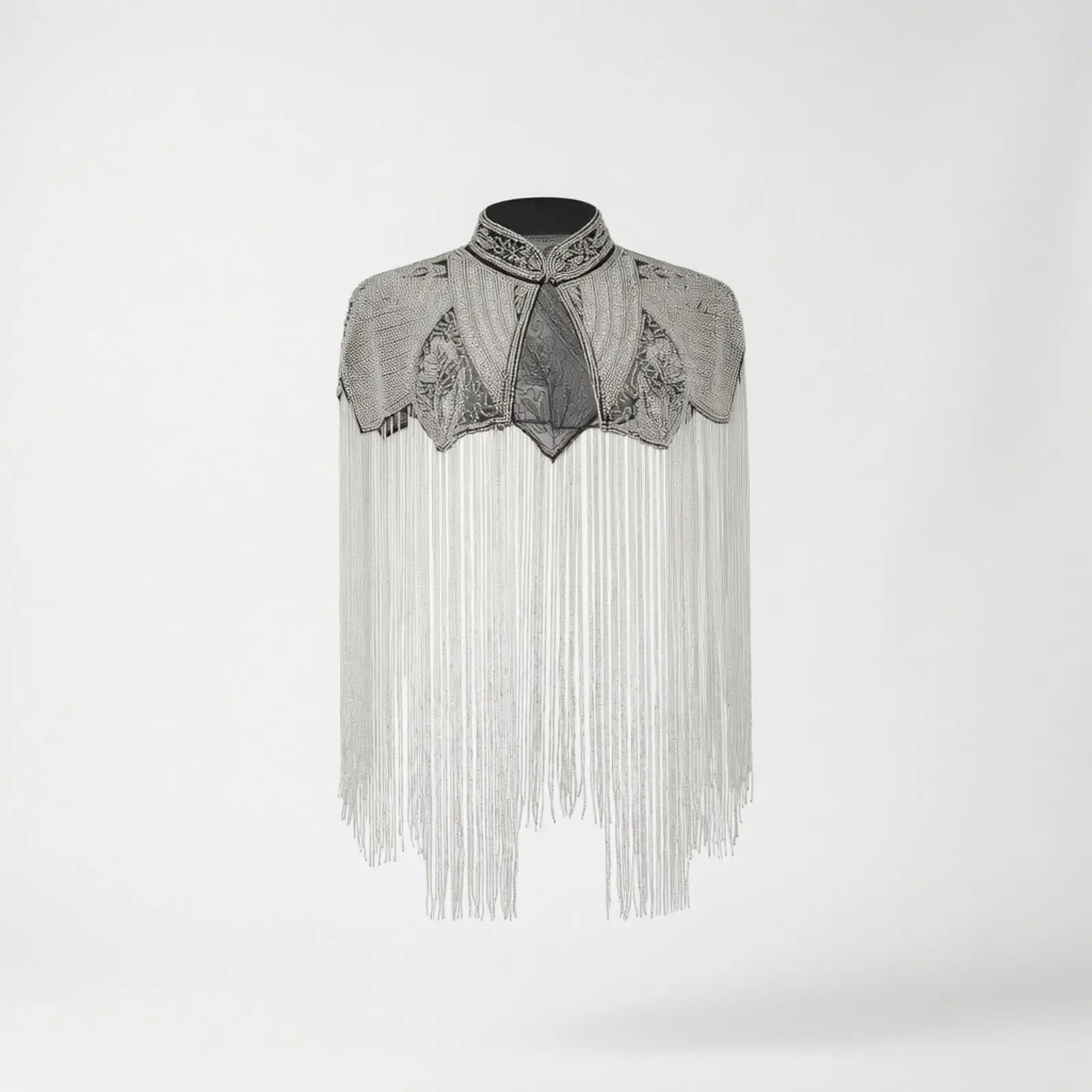 Mesh Capelet with Beaded Fringe Flowing Evening Capelet Ornate for Parties