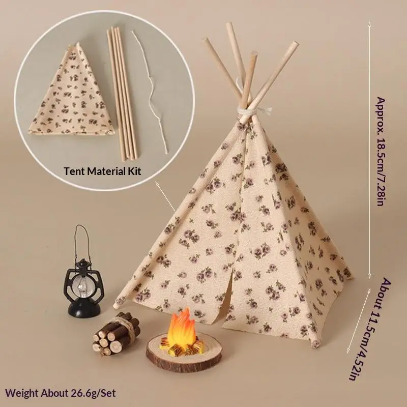**1 Set 1/12 Doll House Outdoor Cooking Barbecue Scene Decor Miniature Camping Tent Bonfire Model With Flower/Wave Point Pattern