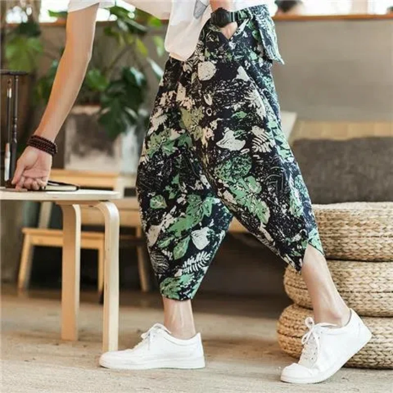 High Street Fashion Casual Summer Men\'s Elastic Waist Fiberflax Printing Pocket Trend Versatile Loose Calf Length Beach Shorts