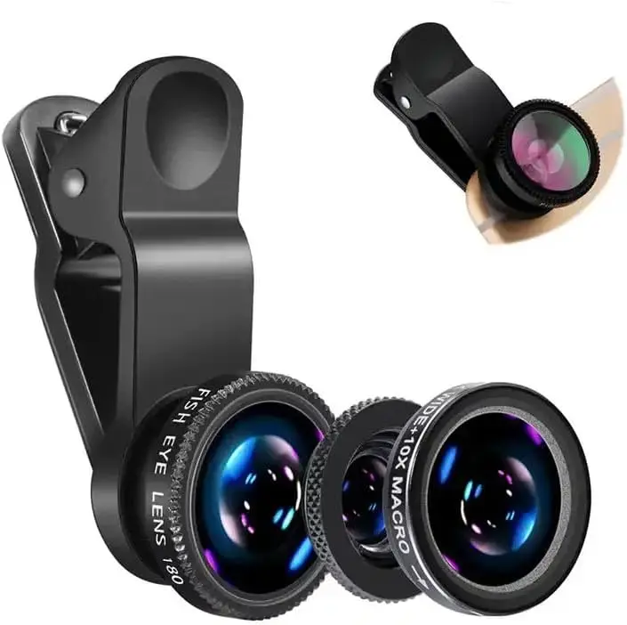Lente de cámara 3 en 1 ojo de pez gran angular macro para iPhone Xiaomi Redmi, lente zoom 3 en 1 para smartphone con clip
