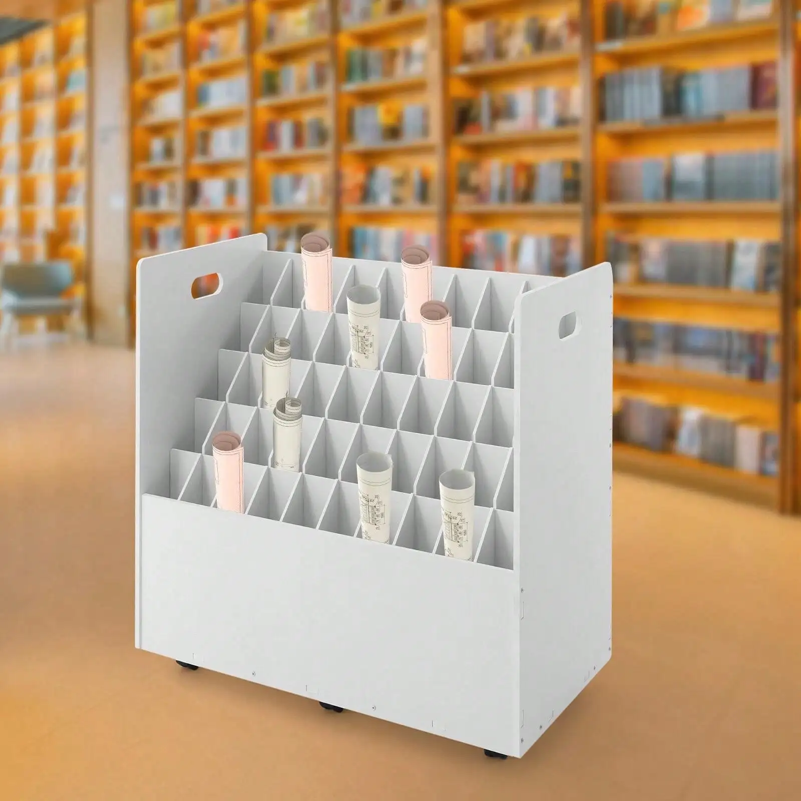 

50-Slot Blueprint Organizer With Movable Roll File Cart, Customizable Design, 6 Lockable Wheels For Easy Mobility, Perfect For Studios, Offices, And Print Shops