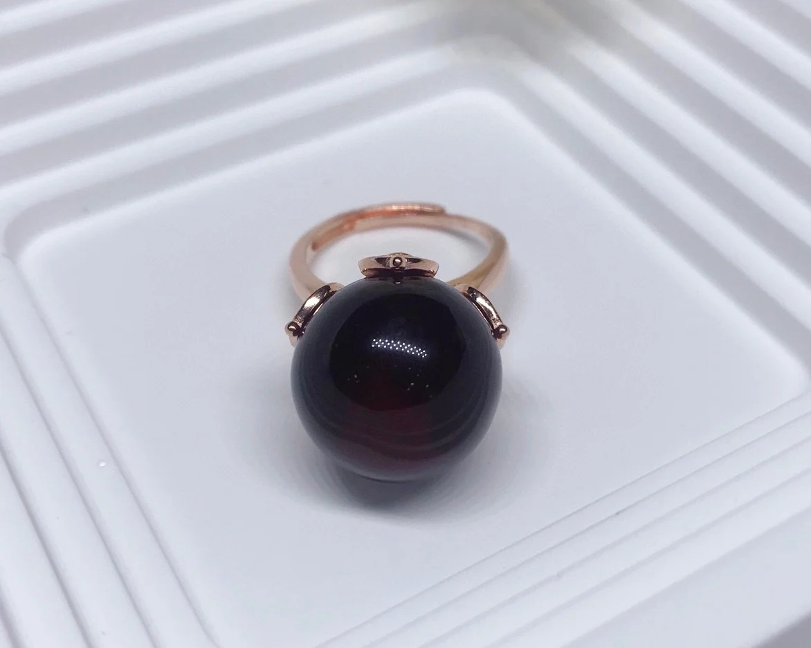 Silver Inlaid Natural Blood Amber Ring Adjustable Size 15 to 17mm Rotatable Ring Exquisite Prong Setting Craft