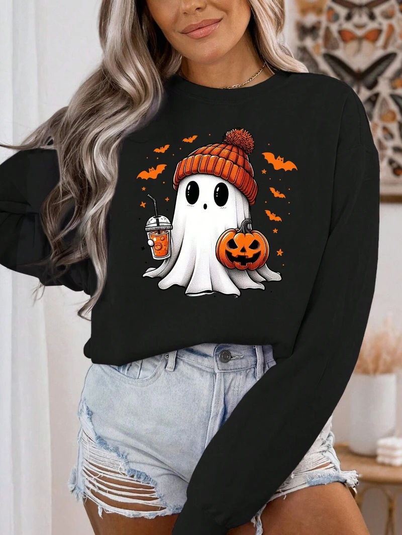 

Casual Womens Sweatshirt Halloween Ghost Pumpkin Printing Pullover Crewneck Fleece Soft Breathable Hoodie Autumn Female Clothing
