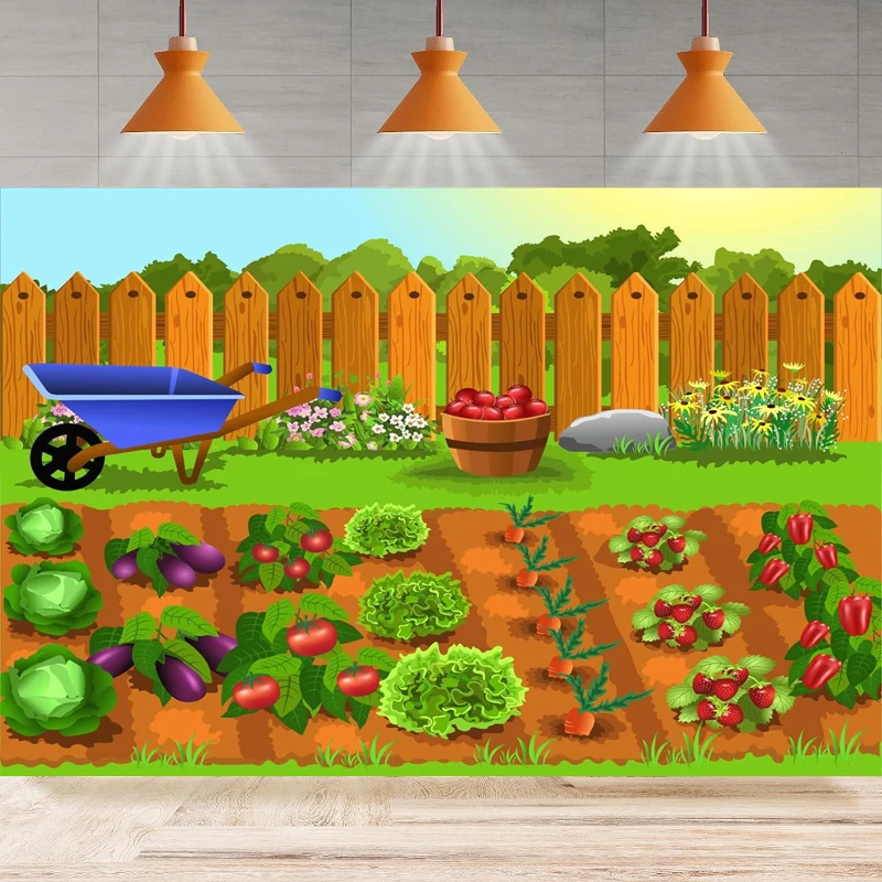 Cartoon Farmland Photography Backdrop Vegetables Fruits Garden Background Farm Scenery Birthday Home Party Backdrop Wall Banner