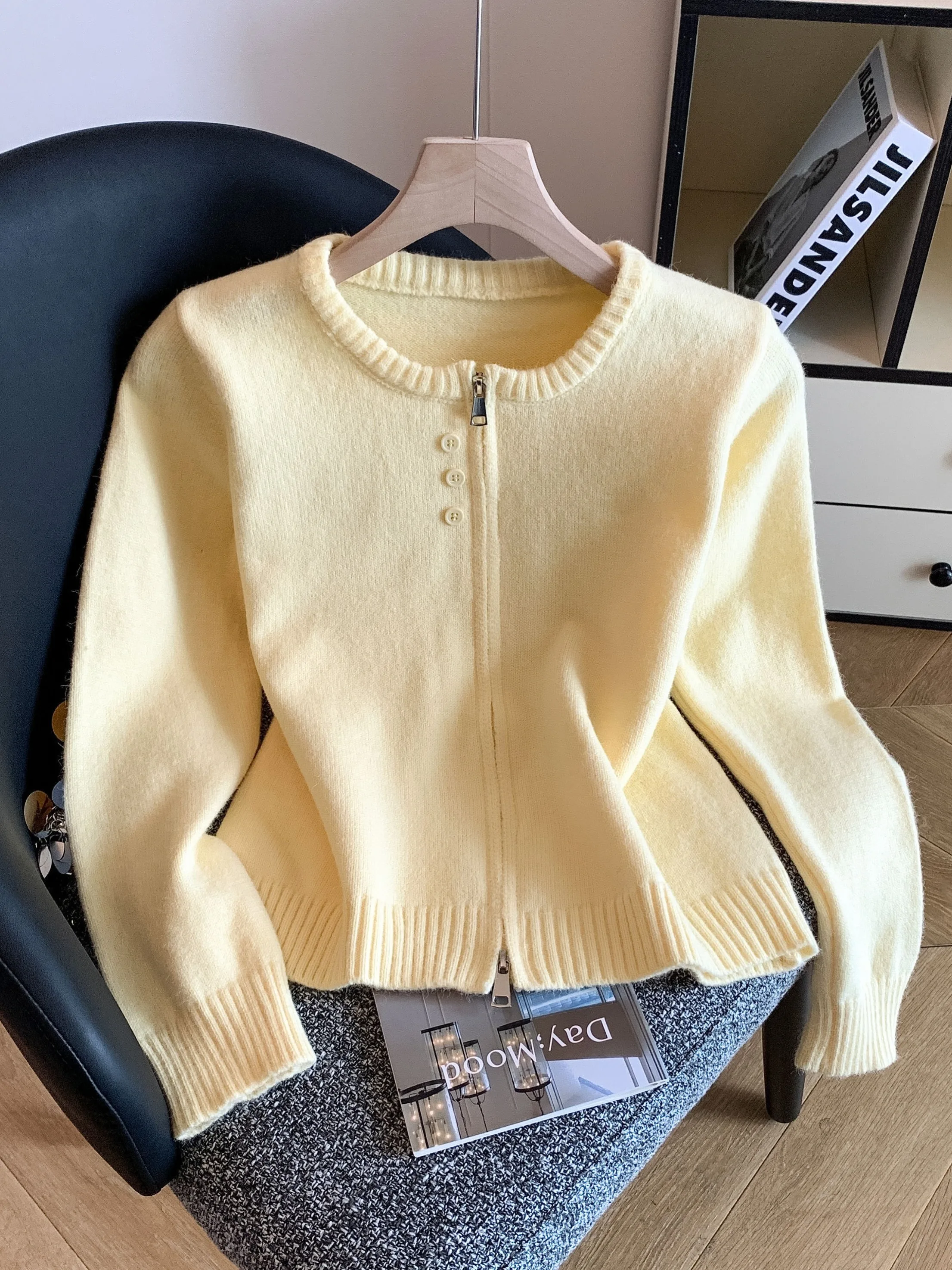 

Sweet Knitted Woolen Cardigan Coat for Women Autumn Winter Inner And Outer Wear High End Feeling Yellow Milk Color Top