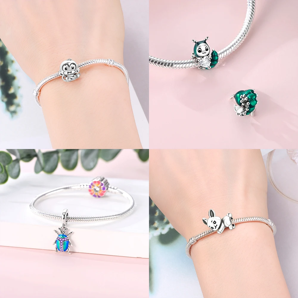 Heart Zircon Beetle Pendant Monkey Rabbit Beaded Original S925 Silver Fit Bracelet Women Jewelry Diy Anniversary Fine Gift