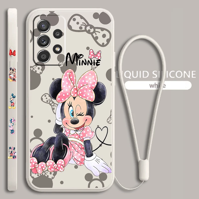 Cute Mickey Minnie For Samsung Galaxy A73 A54 A34 A53 A33 A52 A32 A22 A71 A51 A21S 4G 5G Liquid Left Rope Phone Case Coque Capa