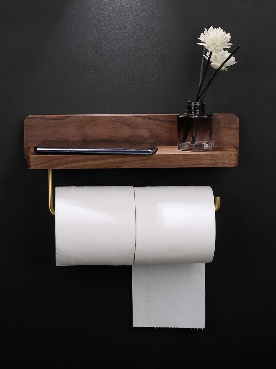 

Wall-mounted toilet roll holder, black walnut towel rack with tray, mobile phone storage rack, kitchen and bathroom accessories
