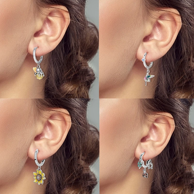 925 Sterling Silber Bunte Creolen Ohrringe mit Erdbeere, Libelle, Sonnenblume, Krabbe, Mantarochen und Lebensbaum als Geburtstagsgeschenk für Frauen – Detail 13