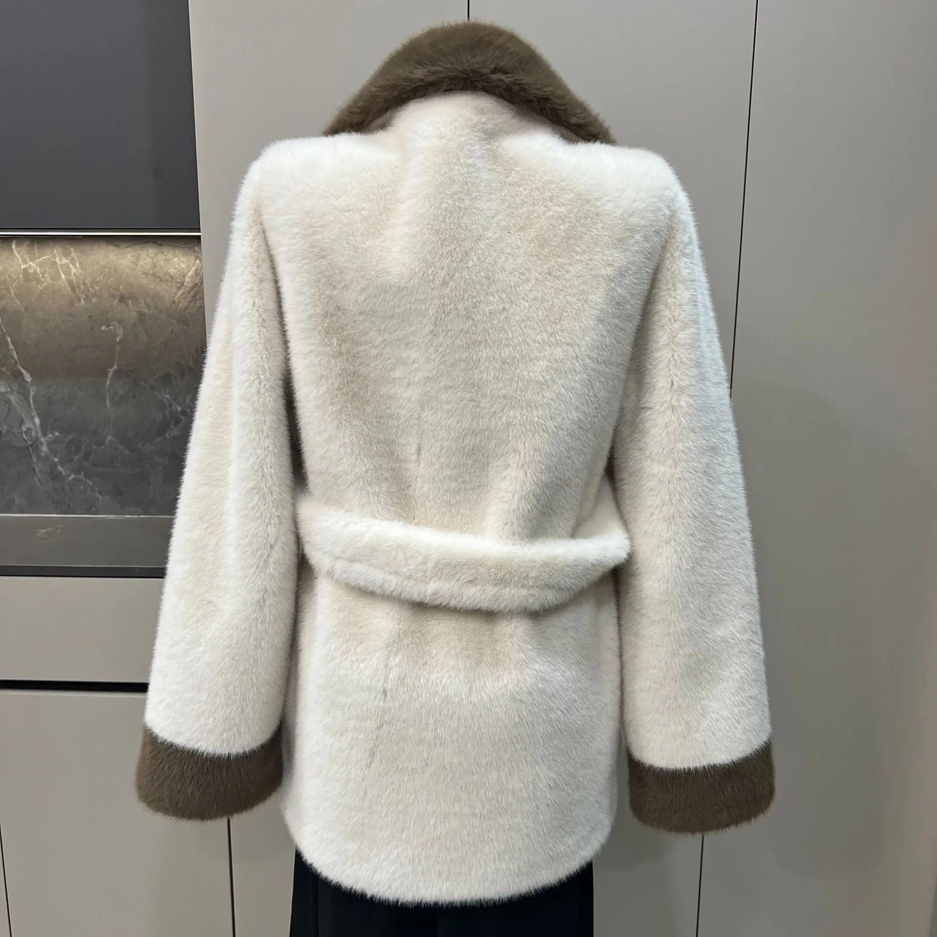 Women Faux Fur Mid Length Coats Jackets Turn Down Collar Lace Up Tight Waist Coat Thick Warm Y2k Streetwear Jacket Autumn Winter