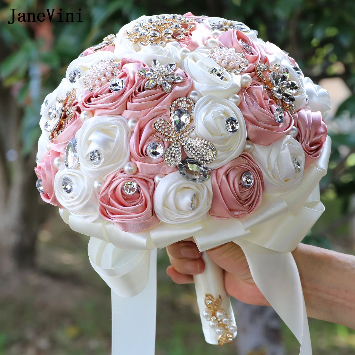 JaneVini Romantic Blush Pink Flowers Stunning Pearls Rhinestone Bridal Hand Bouquets Artificial Satin Roses Bouquet for Wedding