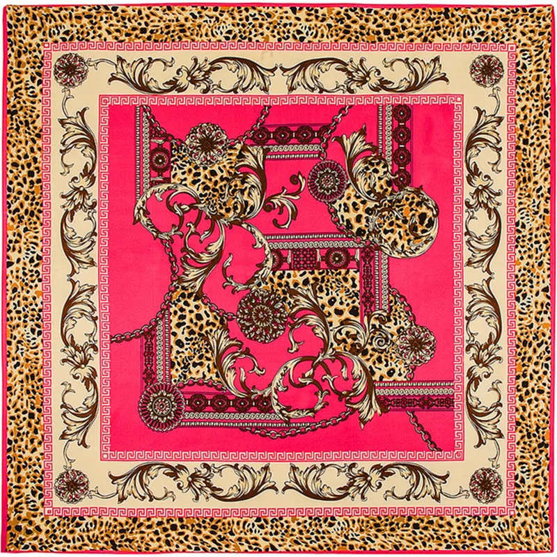 2024 New Design Twill Silk Scarf Leopard Chain Print Women Hijab Brand Scarf Bandana 100cm Square Scarves Femal Foulard Turban