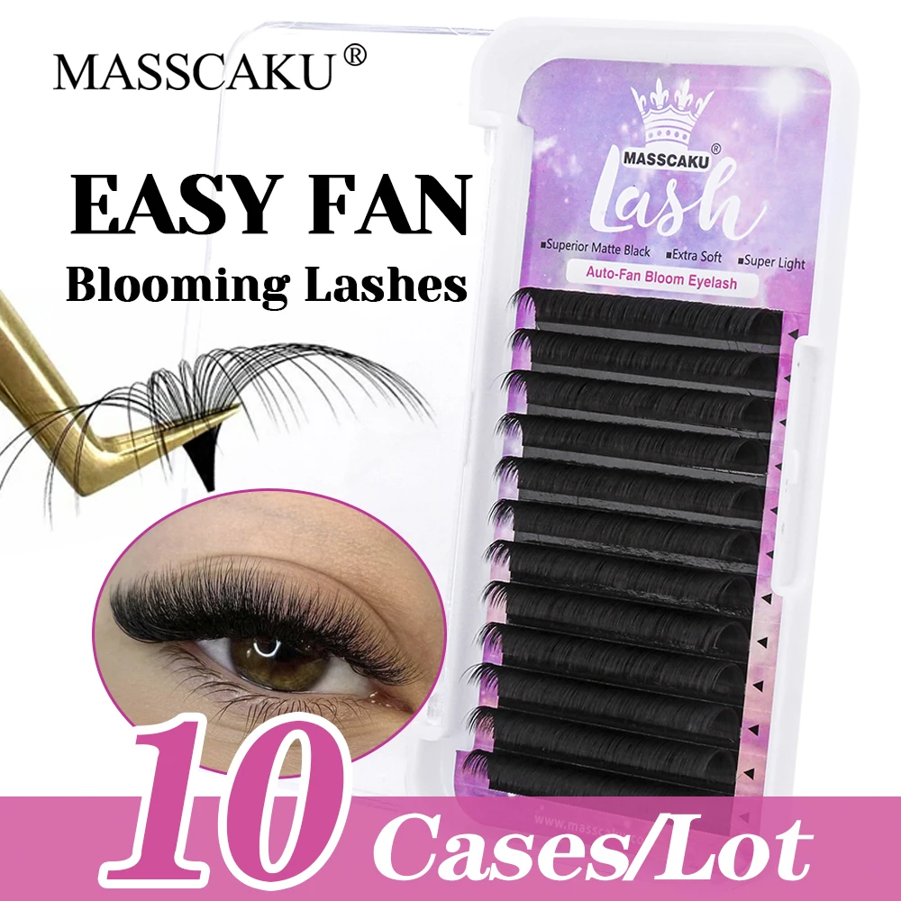 MASSCAKU 10cases/lot C D Curl 3D Effect Handmade Auto Fanning Eyelashes Individual Fluffy Fast Blooming Eyelash for Beauty Salon