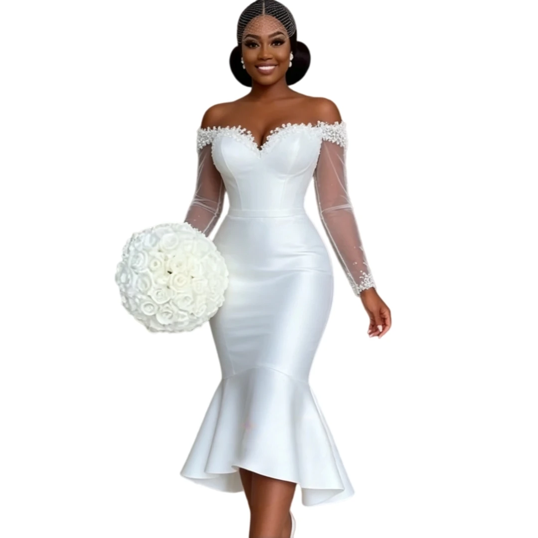Simple Midi Mermaid Civil Wedding Dress Off-Shoulder Sheer Long Sleeves White Satin Bridal Gown Sweetheart Tea-Length Customized