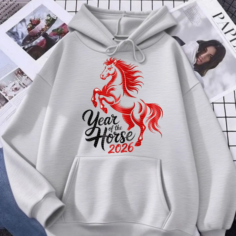 Vermelho zodíaco cavalo gráfico feminino pring outono inverno hoodie ano novo lunar 2026 moda pulôver kawaii unisex camisolas