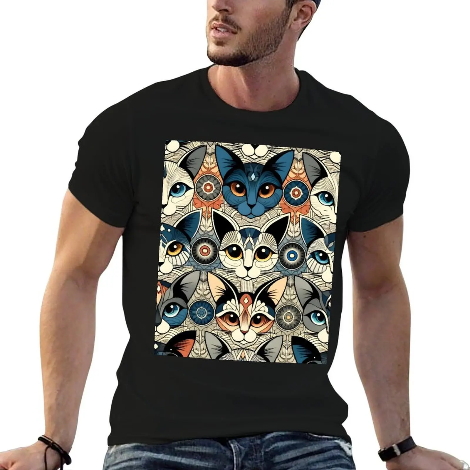 Folk Art Cat Illustration - Whimsical Feline Pattern Artwork T-Shirt cotton t shirt man T-Shirt